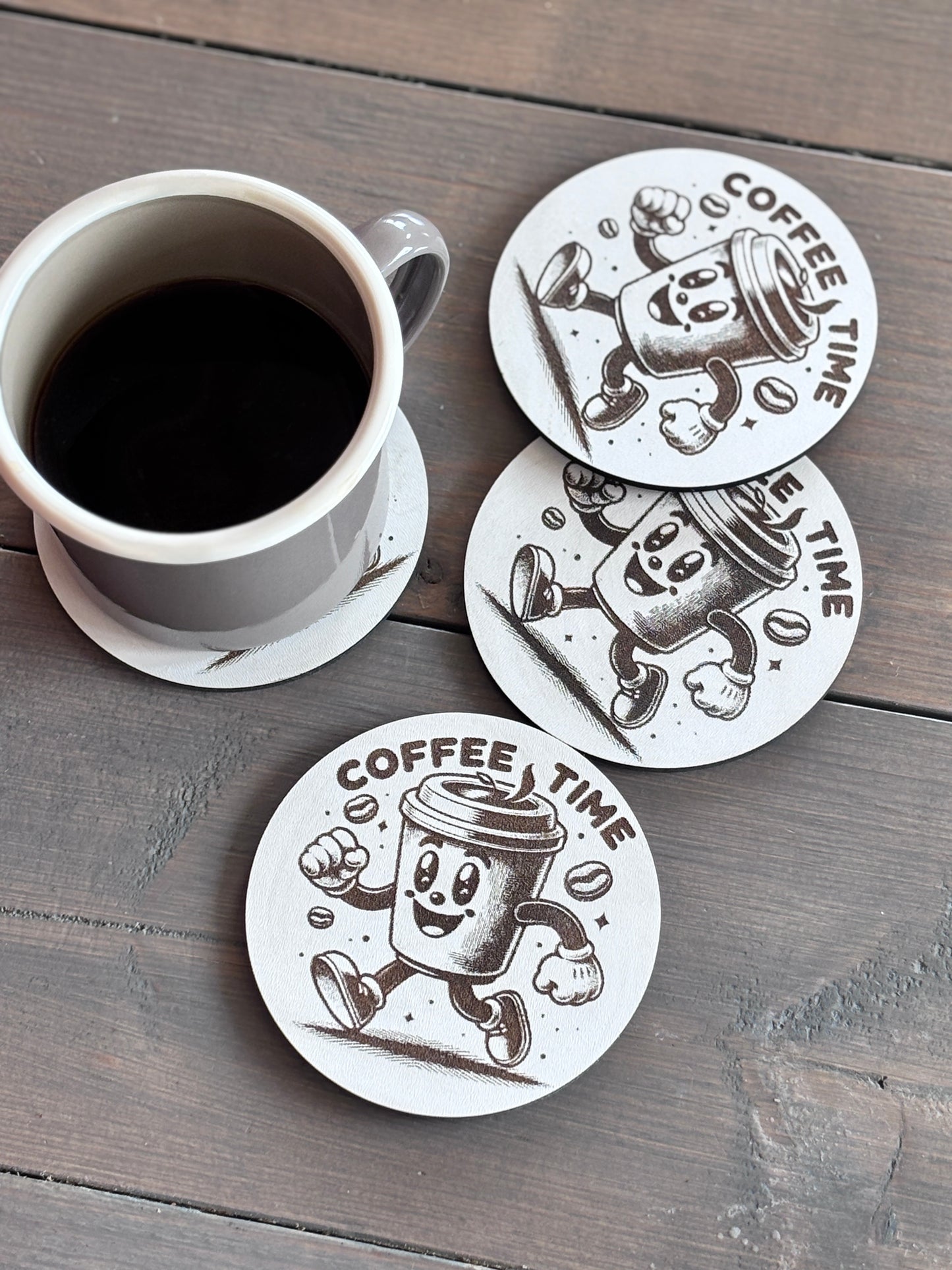 ☕ Coffee Time – Graverade & Laserskurna Underlägg i Trä - 4st