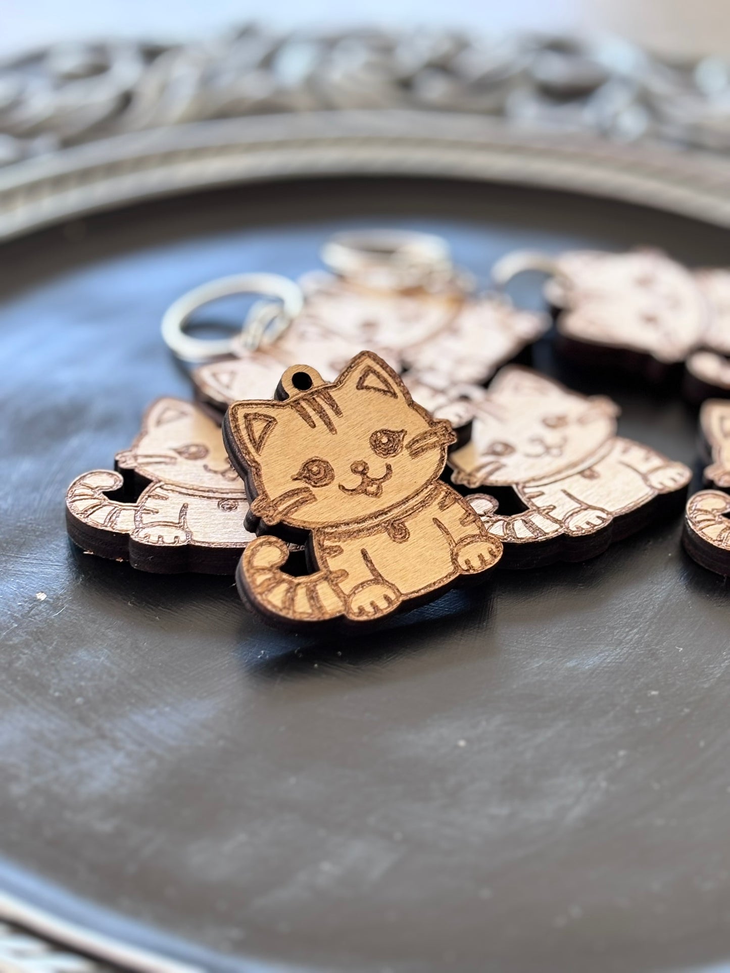 Laser cut and engraved keychain with cute cat