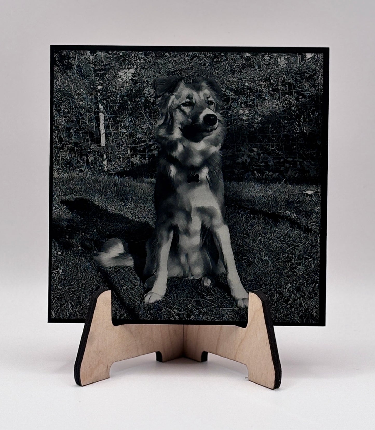 Personal photo engraving on acrylic – with wooden stand