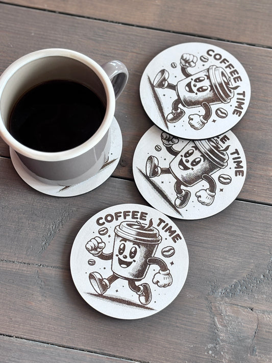 ☕ Coffee Time – Graverade & Laserskurna Underlägg i Trä - 4st