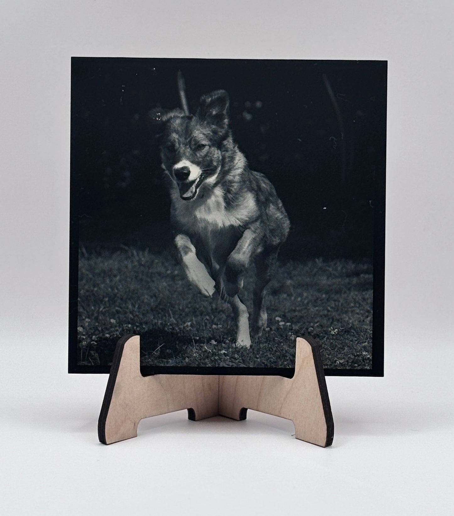Personal photo engraving on acrylic – with wooden stand