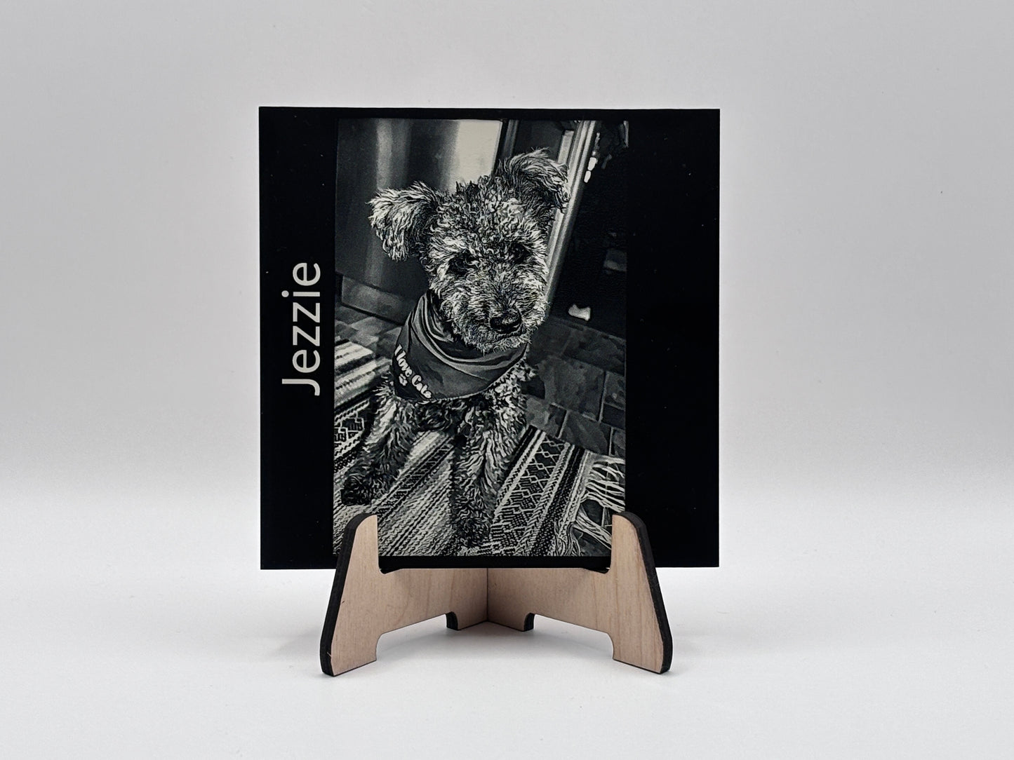 Personal photo engraving on acrylic – with wooden stand
